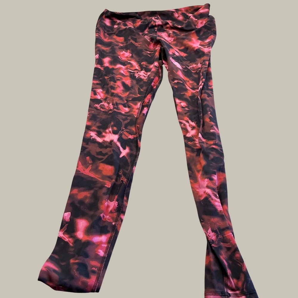 Lululemon Wunder Under High Rise Leggings Pink Red Abstract Print Size 14 Yoga